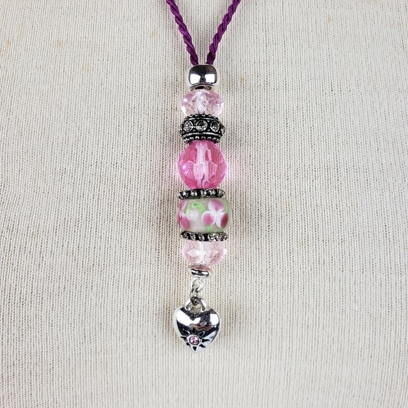 SAQ Handmade Glass Bead Heart Necklace Satin Cord Lanyard Valentine's Day - Picture 5 of 10